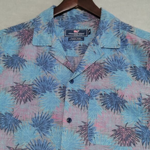 Vineyard Vines Tropical Leaf Print Short Sleeve Cabana Shirt Blue Men’s Size XS - Picture 4 of 13